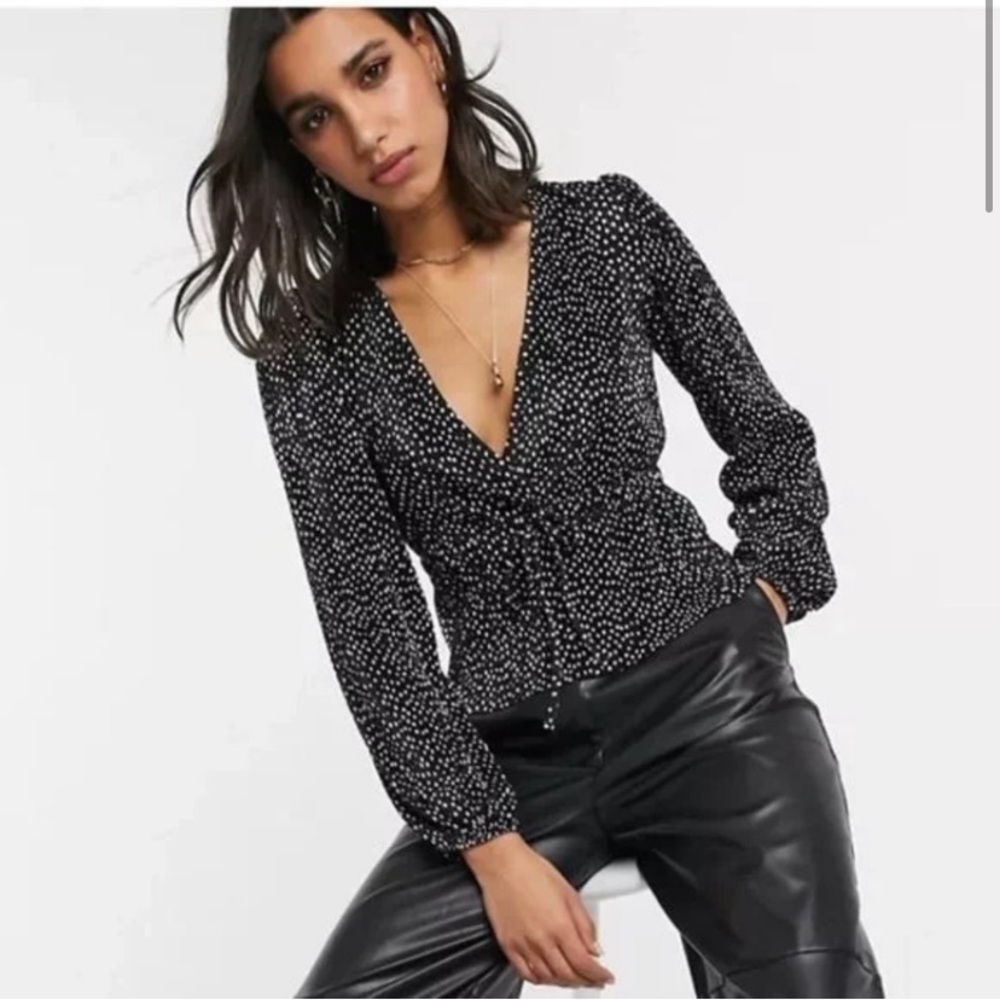 {Zara} Polka Dot V-Neck Pleated Blouse ~ Size Small